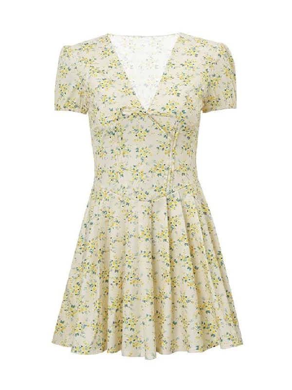Floral Bubble Sleeve V-Neck Dress Discounted floral dresses