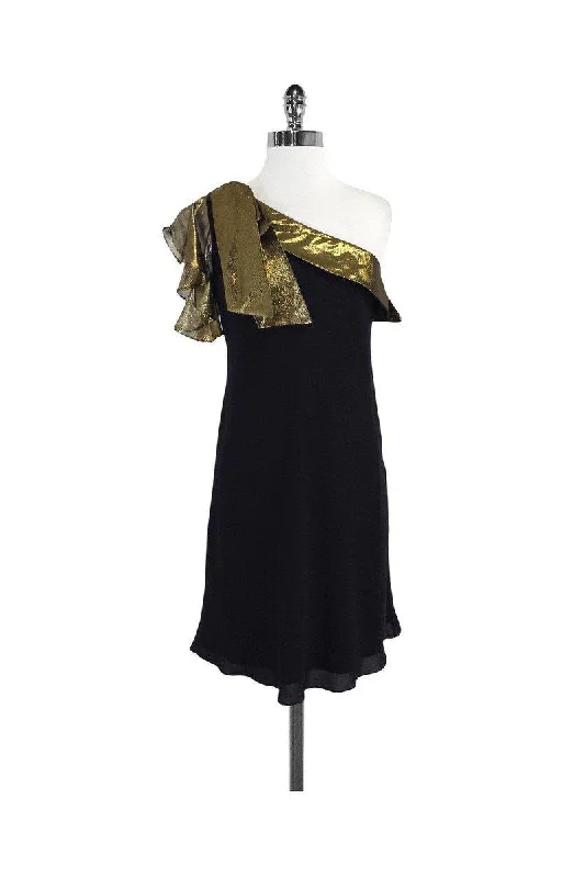 Tibi - Black & Gold One Shoulder Silk Dress Sz 2 Tulle unclassified dresses