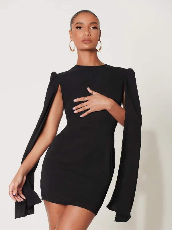 Cloak Sleeve Open Back O-ring Zip Up Dress Embroidered unclassified dresses