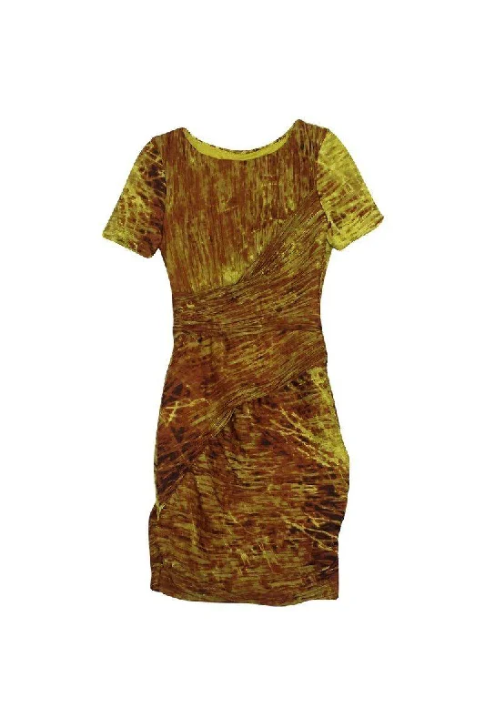 Halston Heritage - Yellow & Orange Patterned Ruched Dress Sz 0 Ruffled unclassified dresses