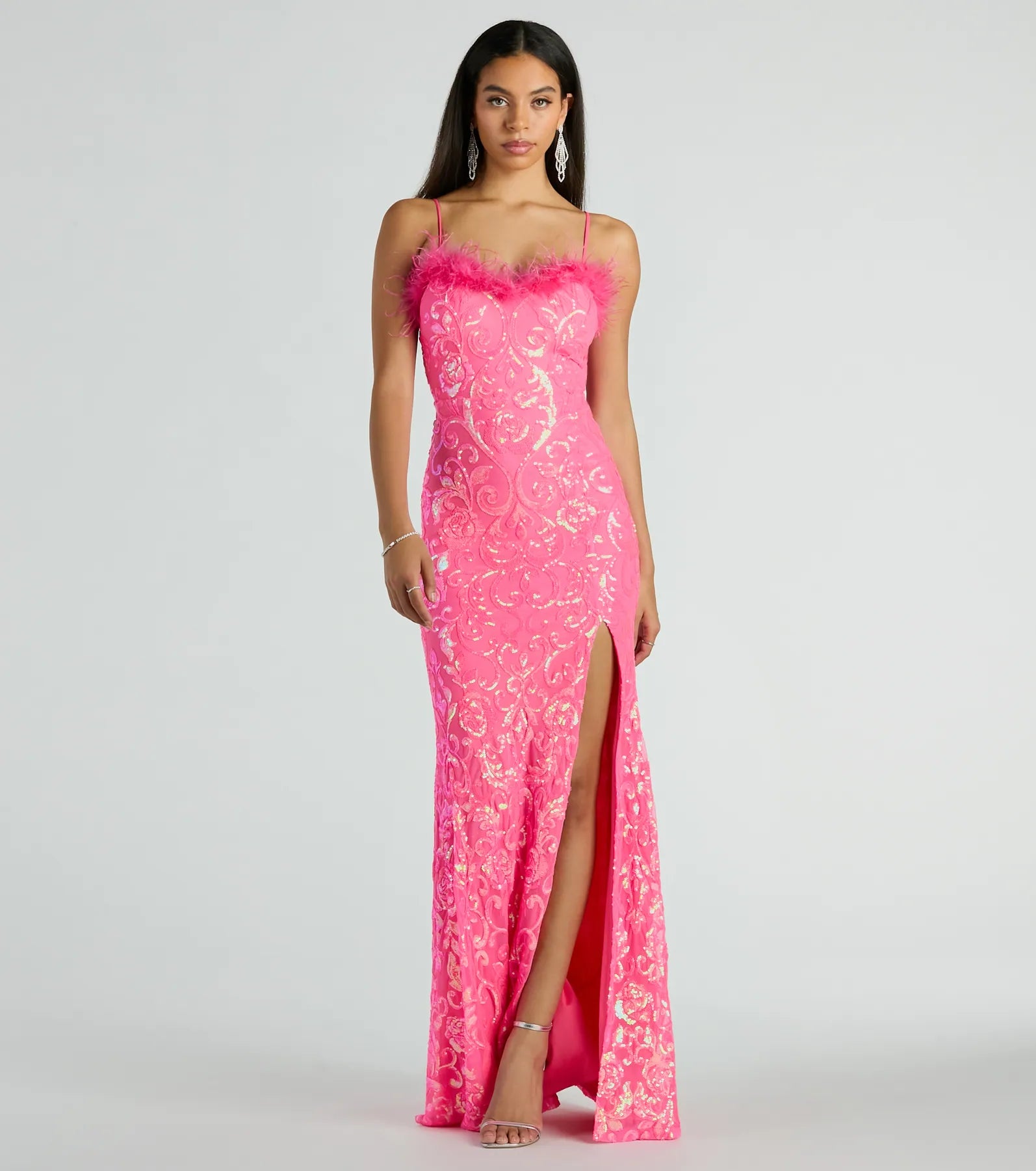 Cara Marabou Trim Mermaid Slit Sequin Formal Dress Elegant evening unclassified dresses