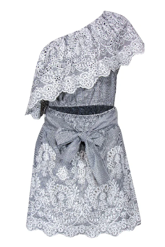 Saylor - Grey & White Pinstripe One Shoulder Dress Sz M Ruffled unclassified dresses