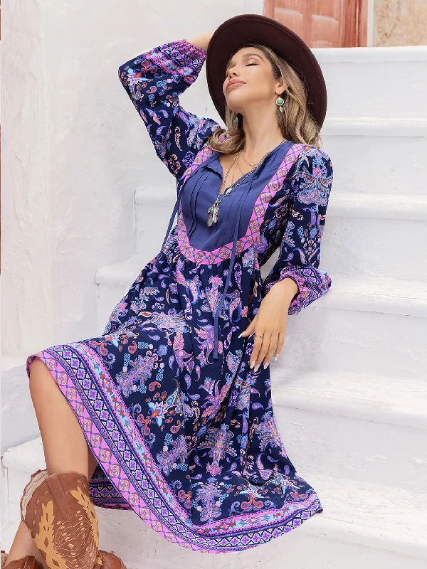 Printed Tie Neck Long Sleeve Midi Dress Best-selling unclassified dresses