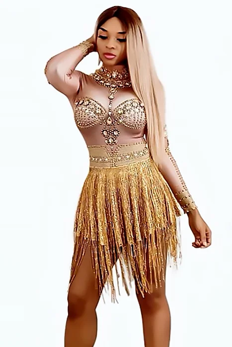 Gold Goddess Tassel Diamante Dress Denim unclassified dresses