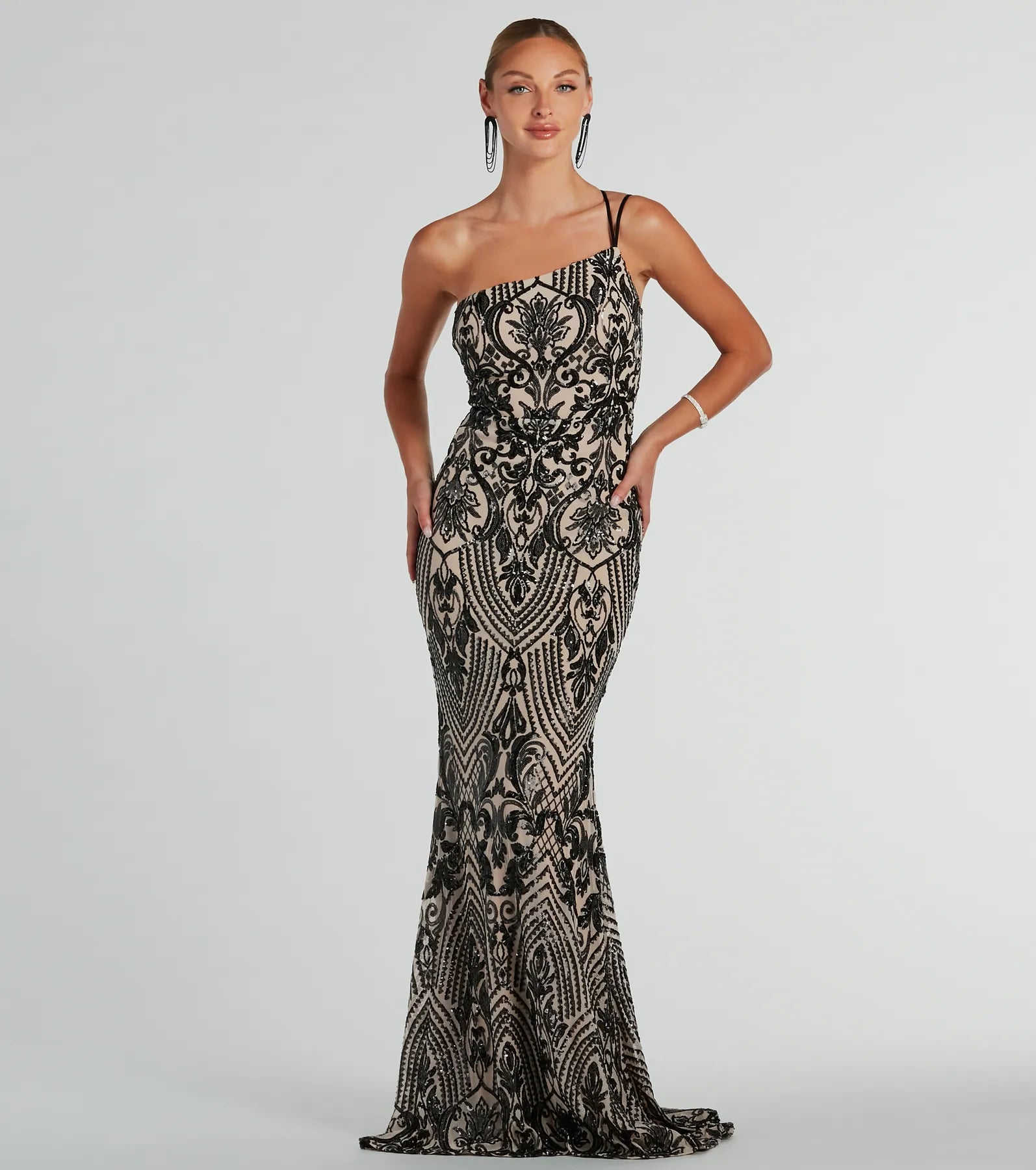 Sarah One-Shoulder Mermaid Sequin Formal Dress Denim unclassified dresses