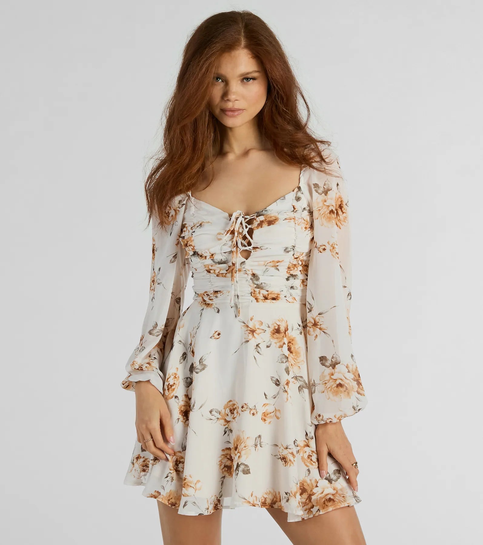 Gorgeous Mood Lace Up Floral Chiffon Skater Dress Breathable unclassified dresses