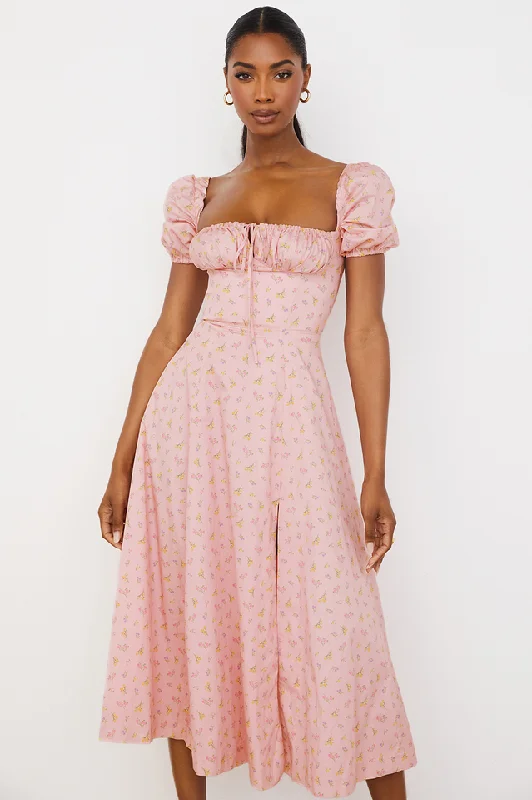 Pink Printed Puff Sleeve Midi Dress Printed Satin Midi