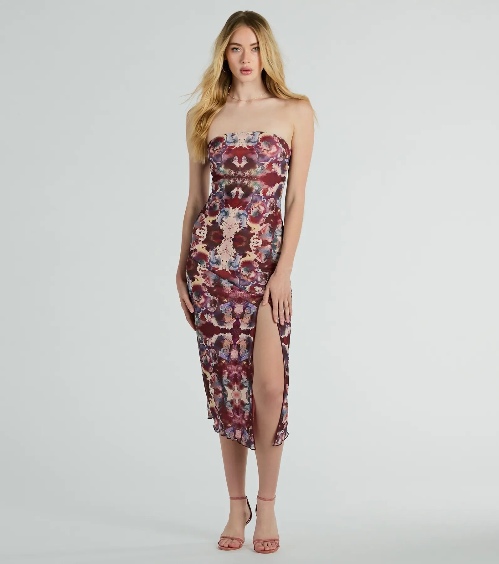Chic Illusion Strapless Artsy Printed Midi Dress Winter unclassified dresses