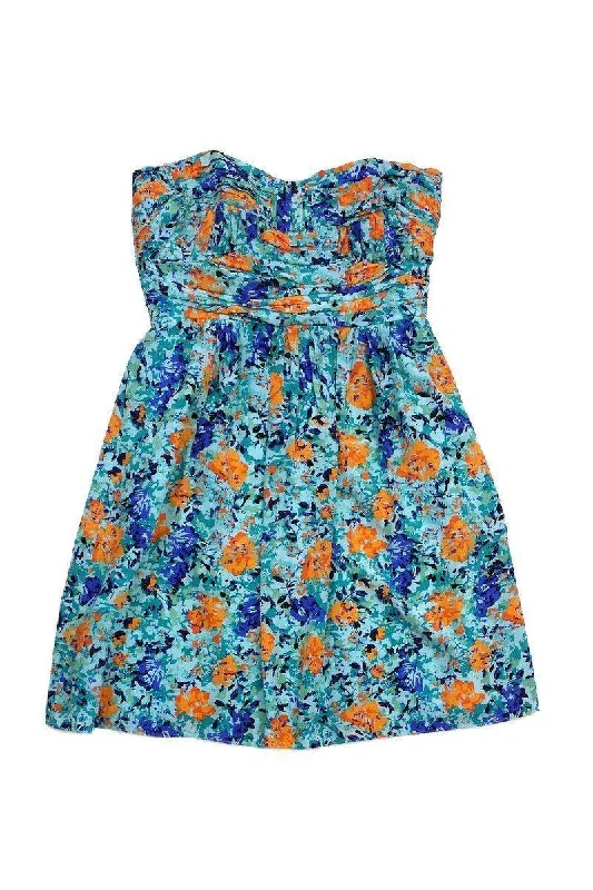 Shoshanna - Blue & Orange Print Silk Strapless Dress Sz 8 Velvet unclassified dresses