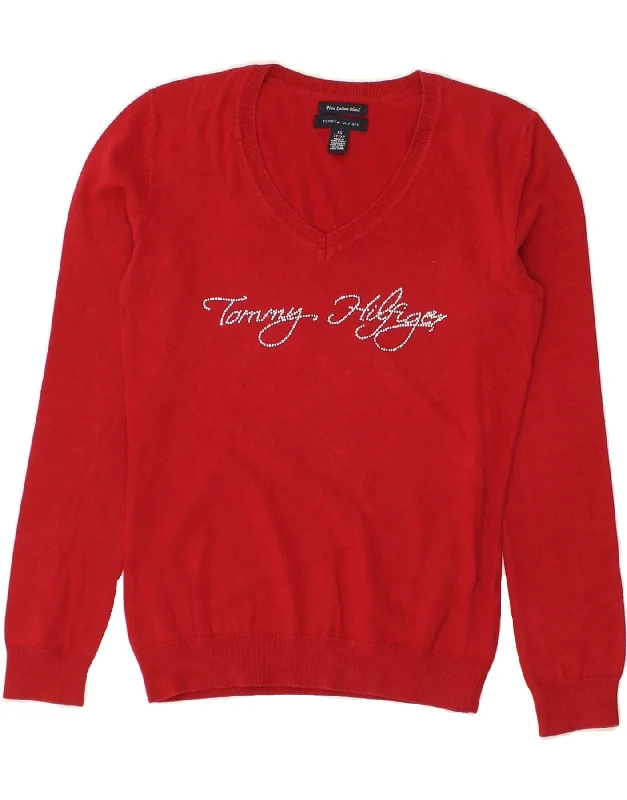 TOMMY HILFIGER Womens Graphic V-Neck Jumper Sweater UK 6 XS Red Cotton North Face sweaters