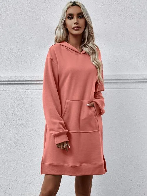 Slit Long Sleeve Hooded Dress with Pocket Casual maxi dresses