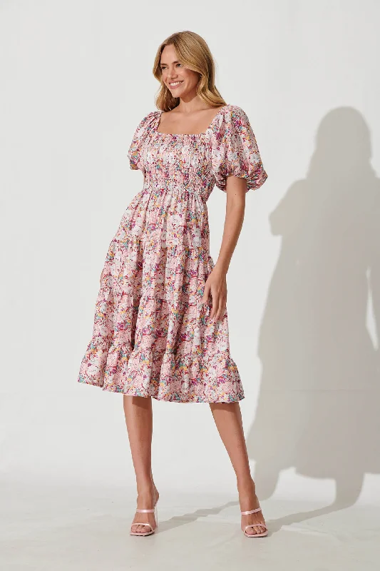 Anytime Midi Dress In Multi Pink Floral Cute floral print midi dresses
