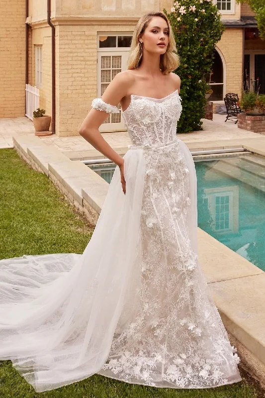 Cinderella Divine CD861W Long Strapless Fitted Overskirt Wedding Dress Long Sleeve Gown