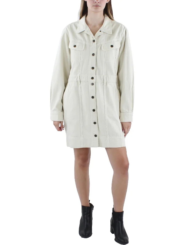 Womens Cotton Denim Mini Shirtdress--Button-up Mini Skirt