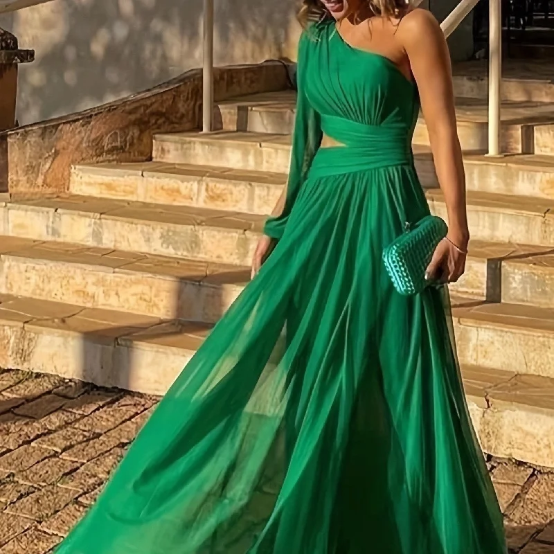 Spring And Summer Solid Color One Shoulder Midriff Outfit Elegant Slim Long Dress Maxi Skirt Glam